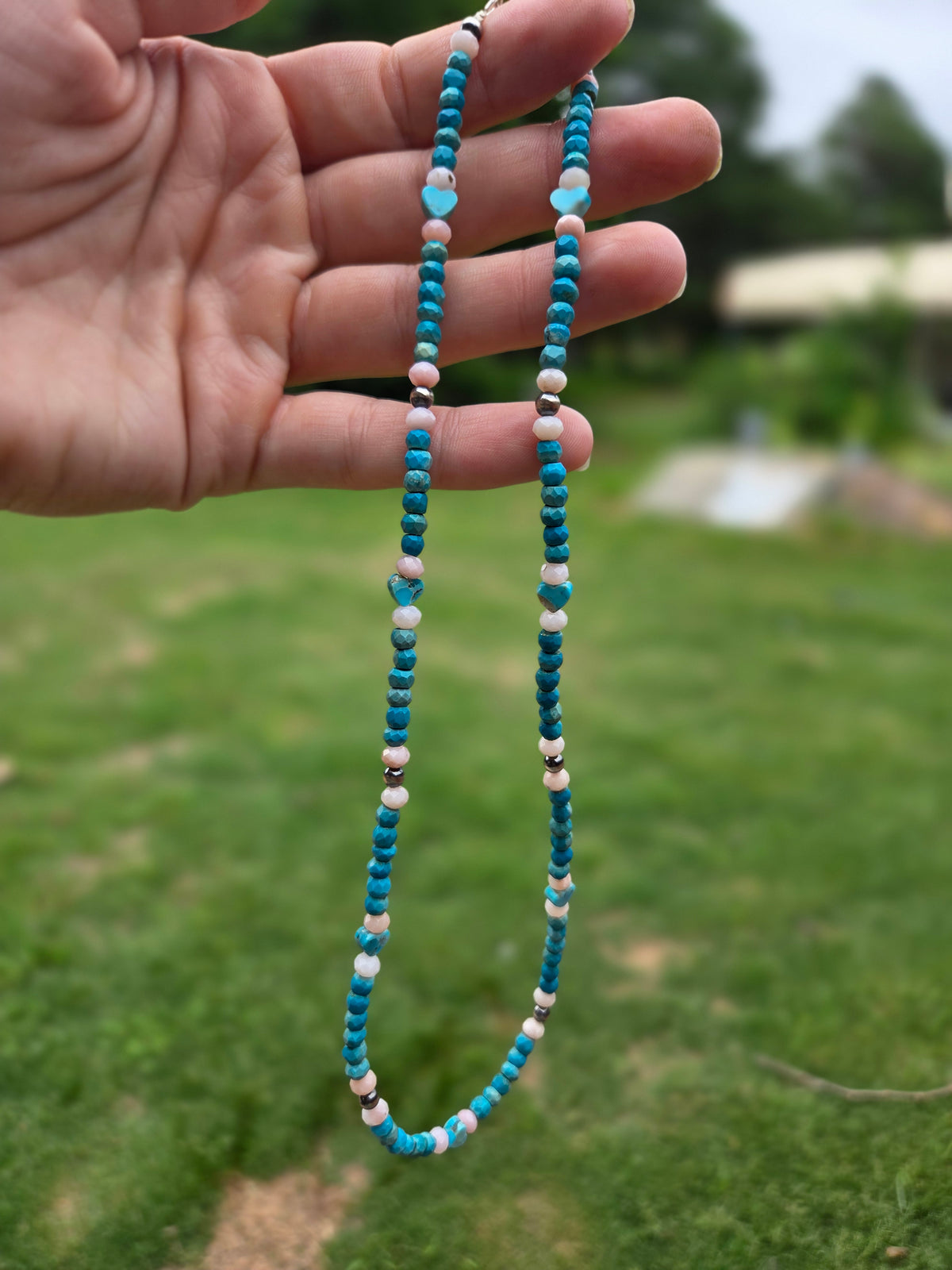 Pink opal and Kingman turquoise desert pearl necklace