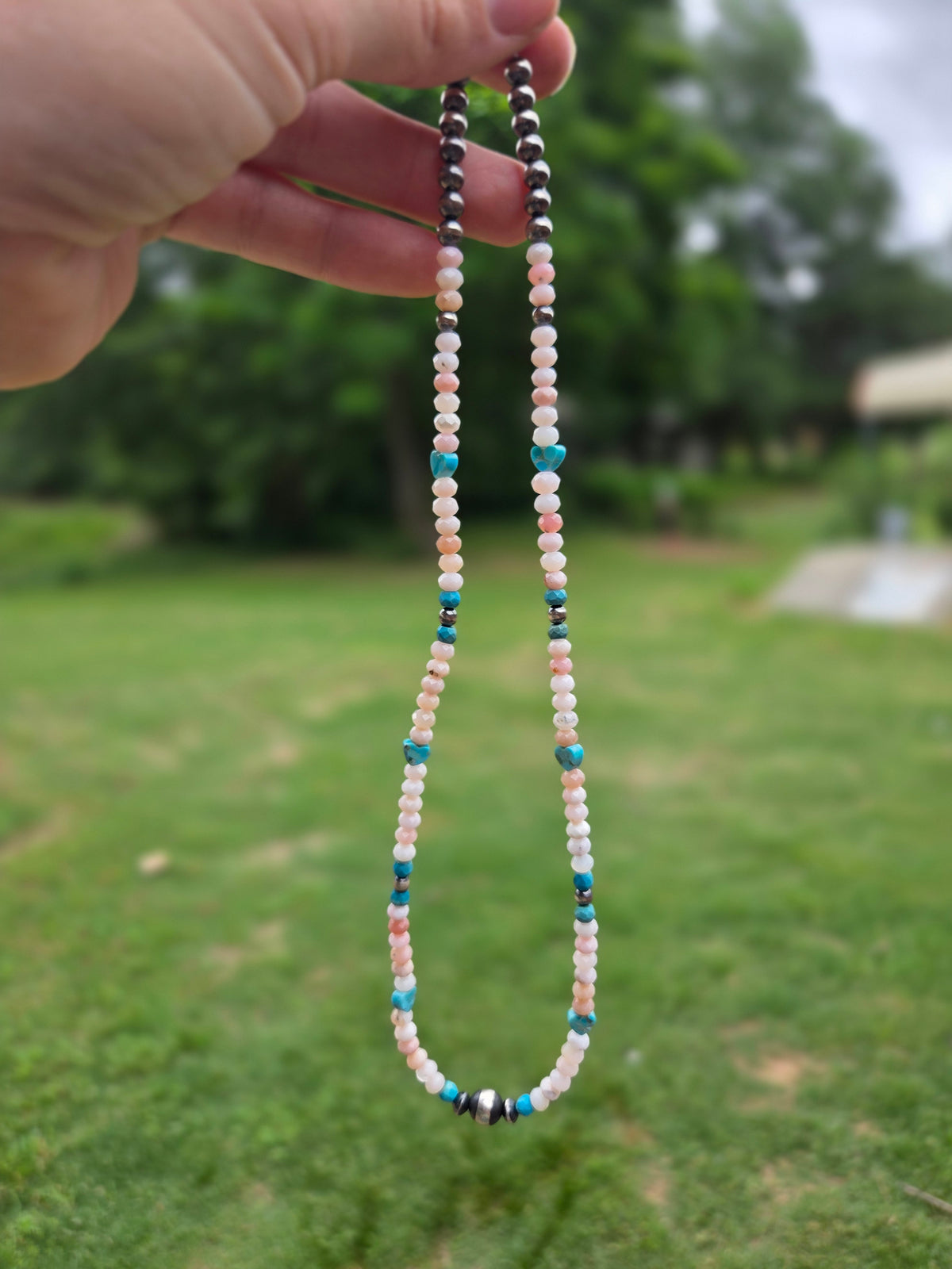 Pink opal and Kingman turquoise desert pearl necklace