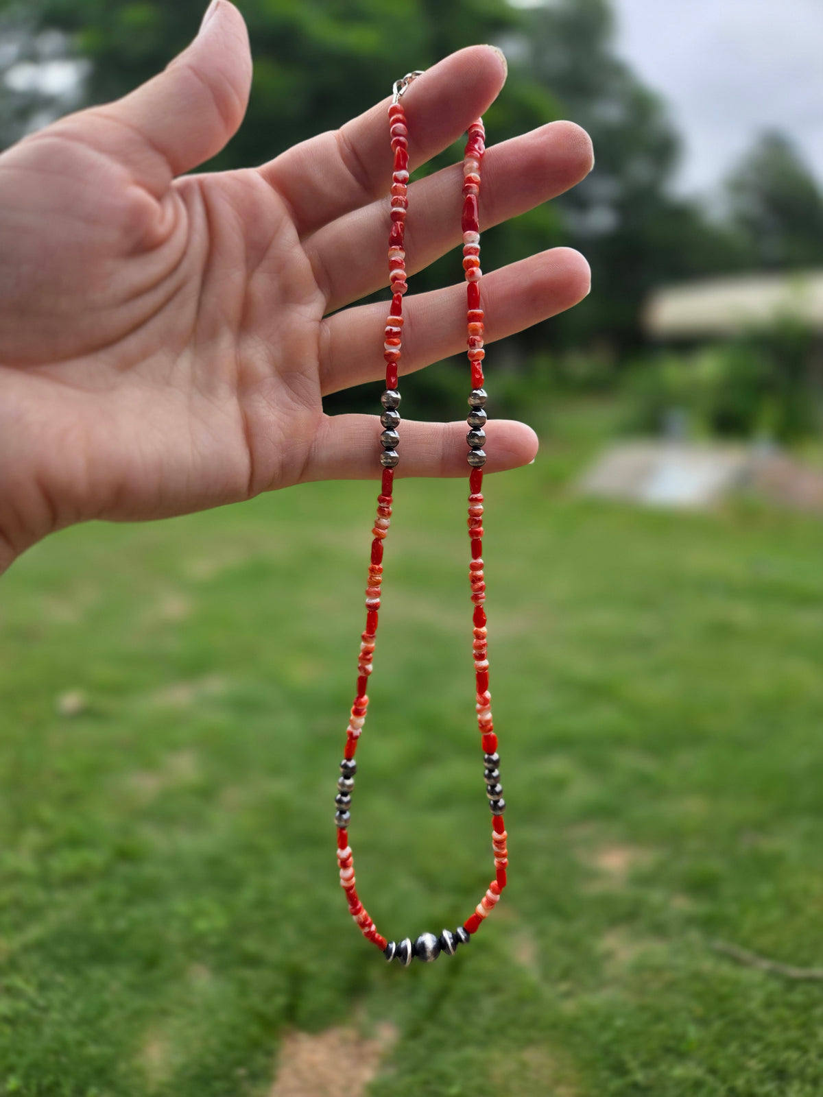 Spiny oyster and coral desert pearl necklace